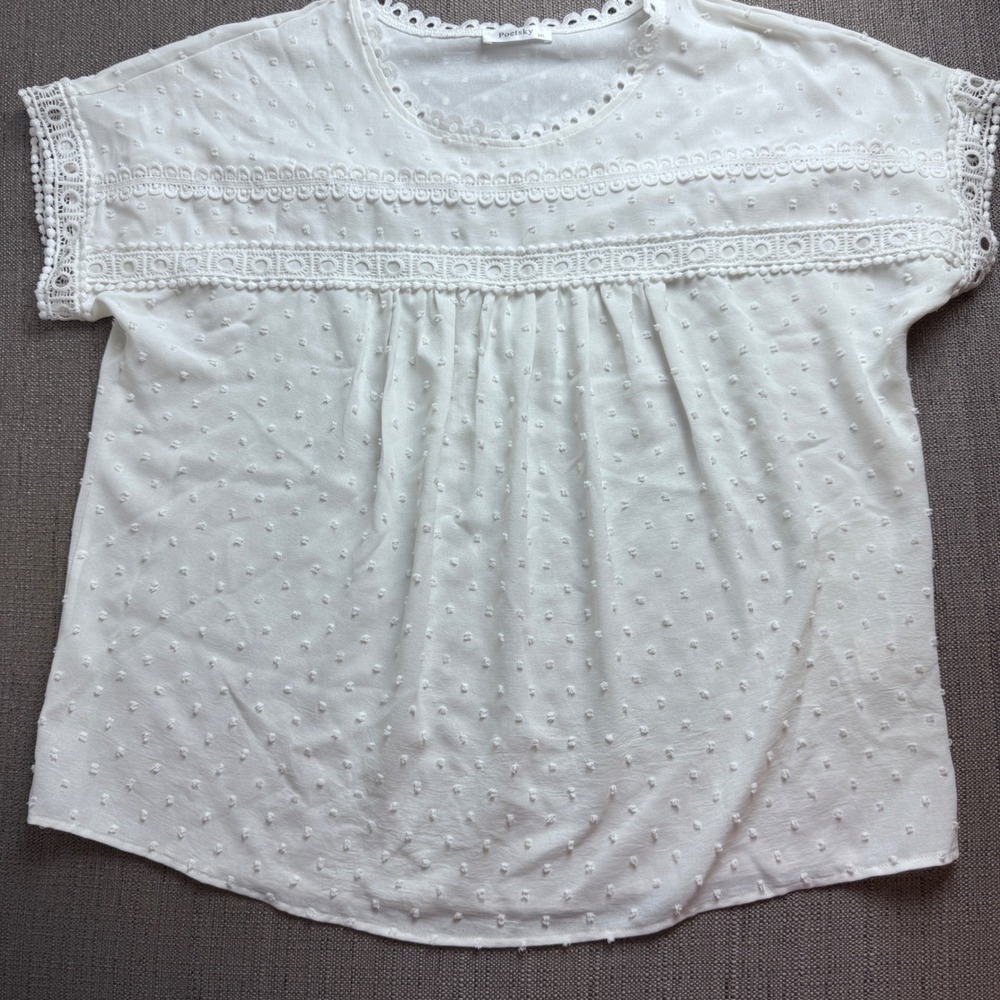 Poetsky Womens 2XL White Swiss Dot Crochet Lace Trim Short Sleeve Blouse Top